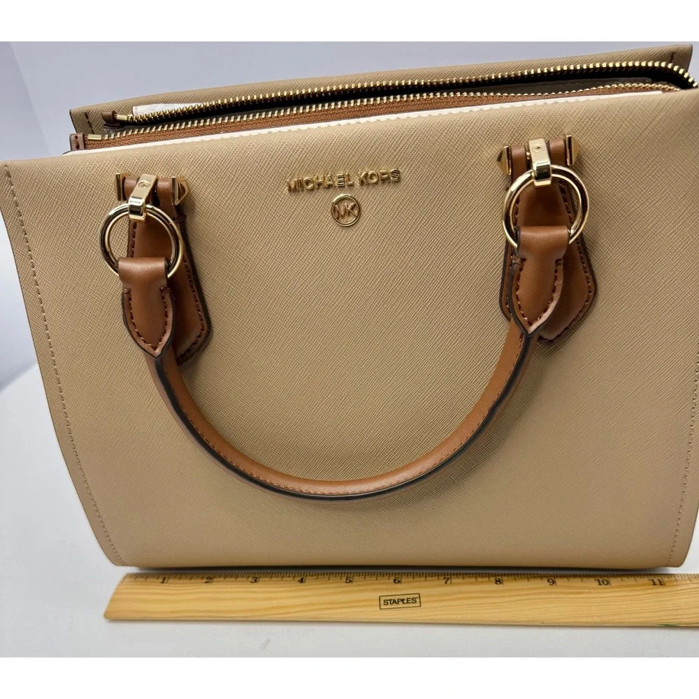 Michael Kors Marilyn Medium Satchel Camel Multi Leather Top Handle Bag - Picture 7 of 15